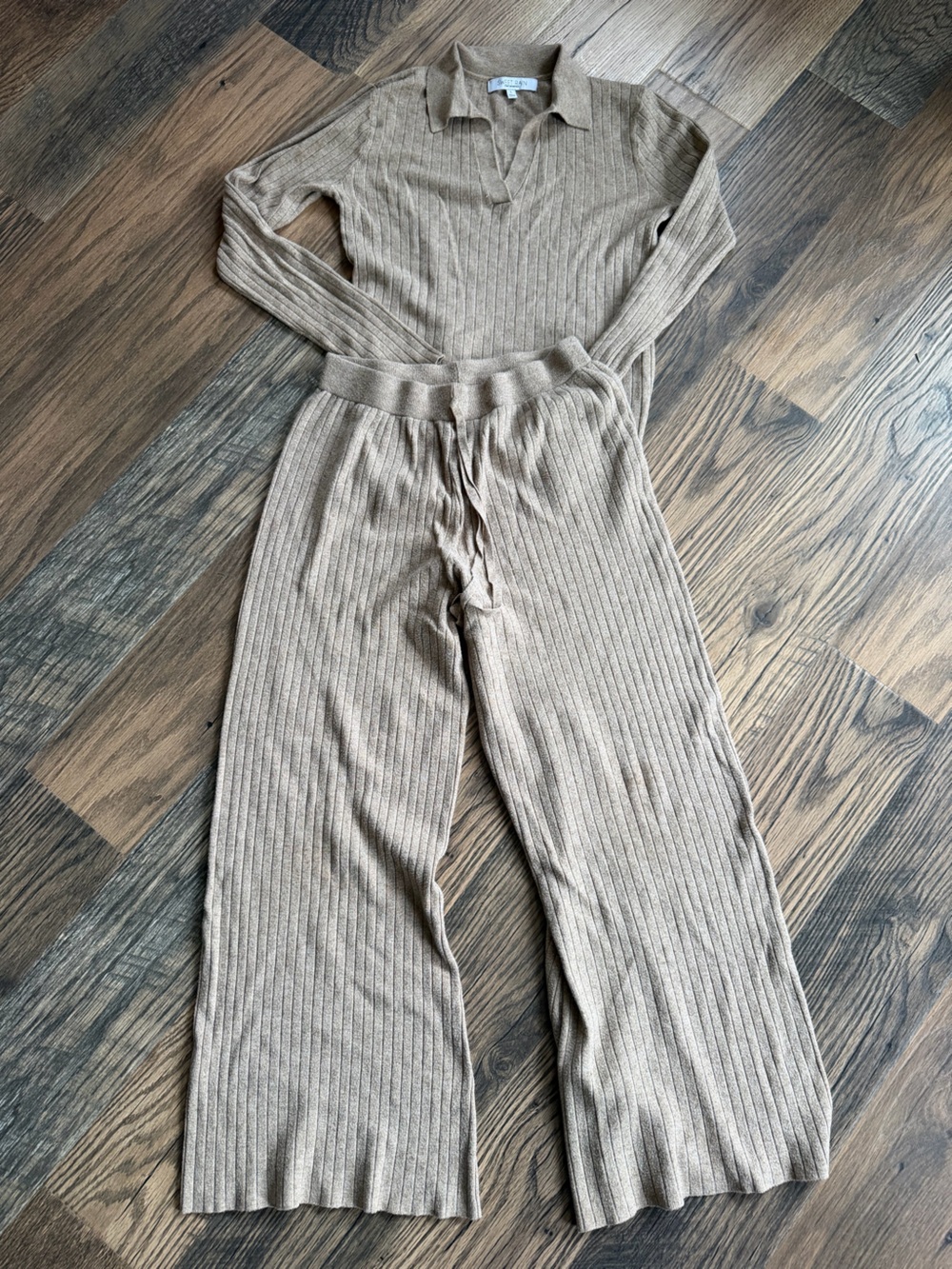 Sweet Rain Boutique Ribbed Knit Lounge Sweater Set  in Tan Comfy Casual Neutral